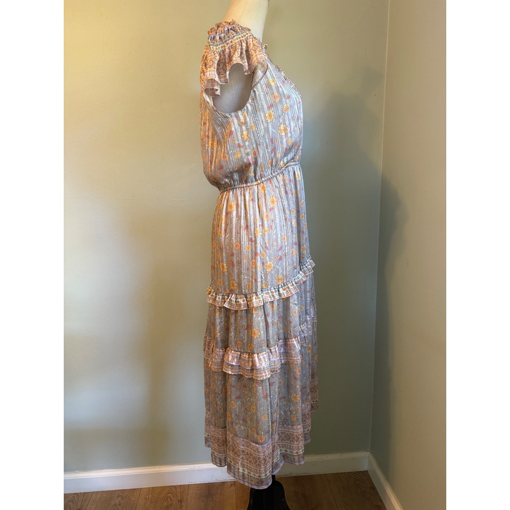 Current Air boho Floral Metallic Pleated Tiered Midi Dress Sm whimsigoth fairy - Picture 2 of 7